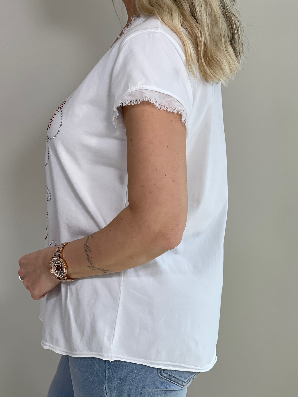 T-Shirt mit Steinchen und Glitzerdruck in versch. Farben