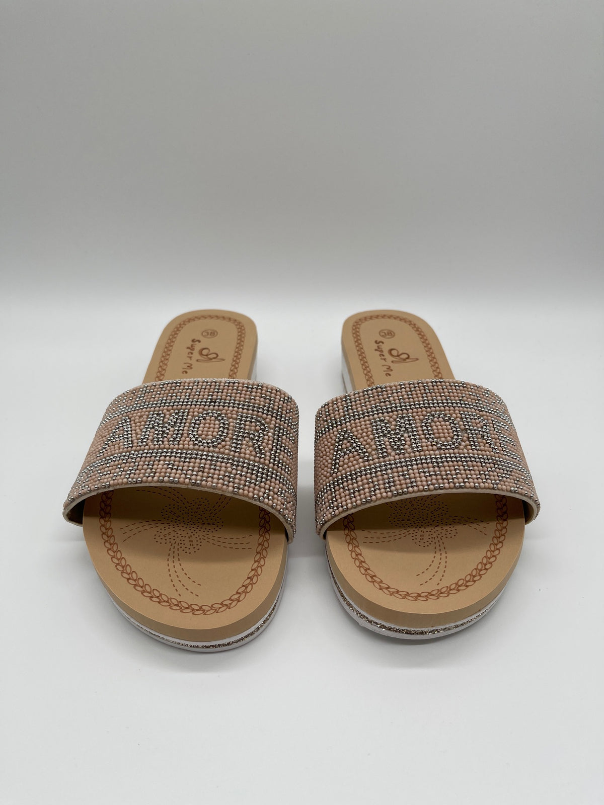 Pantolette mit Schrift in Beige