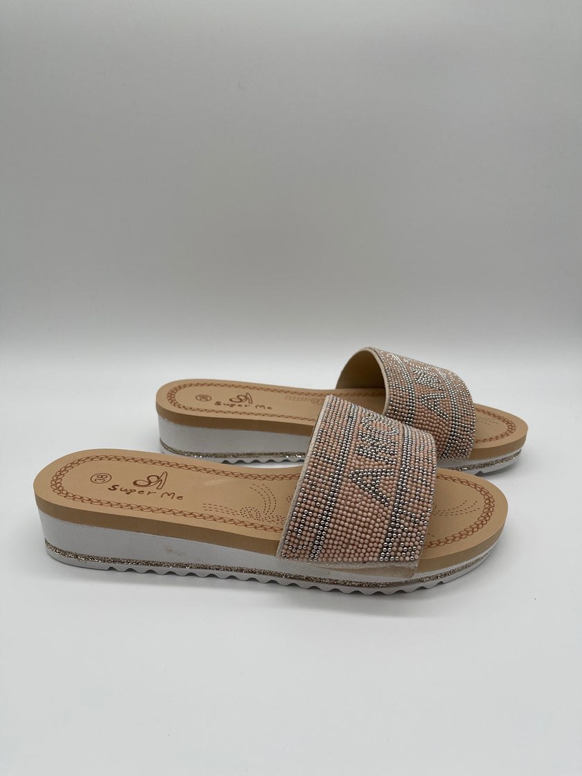 Pantolette mit Schrift in Beige Artikel 5173