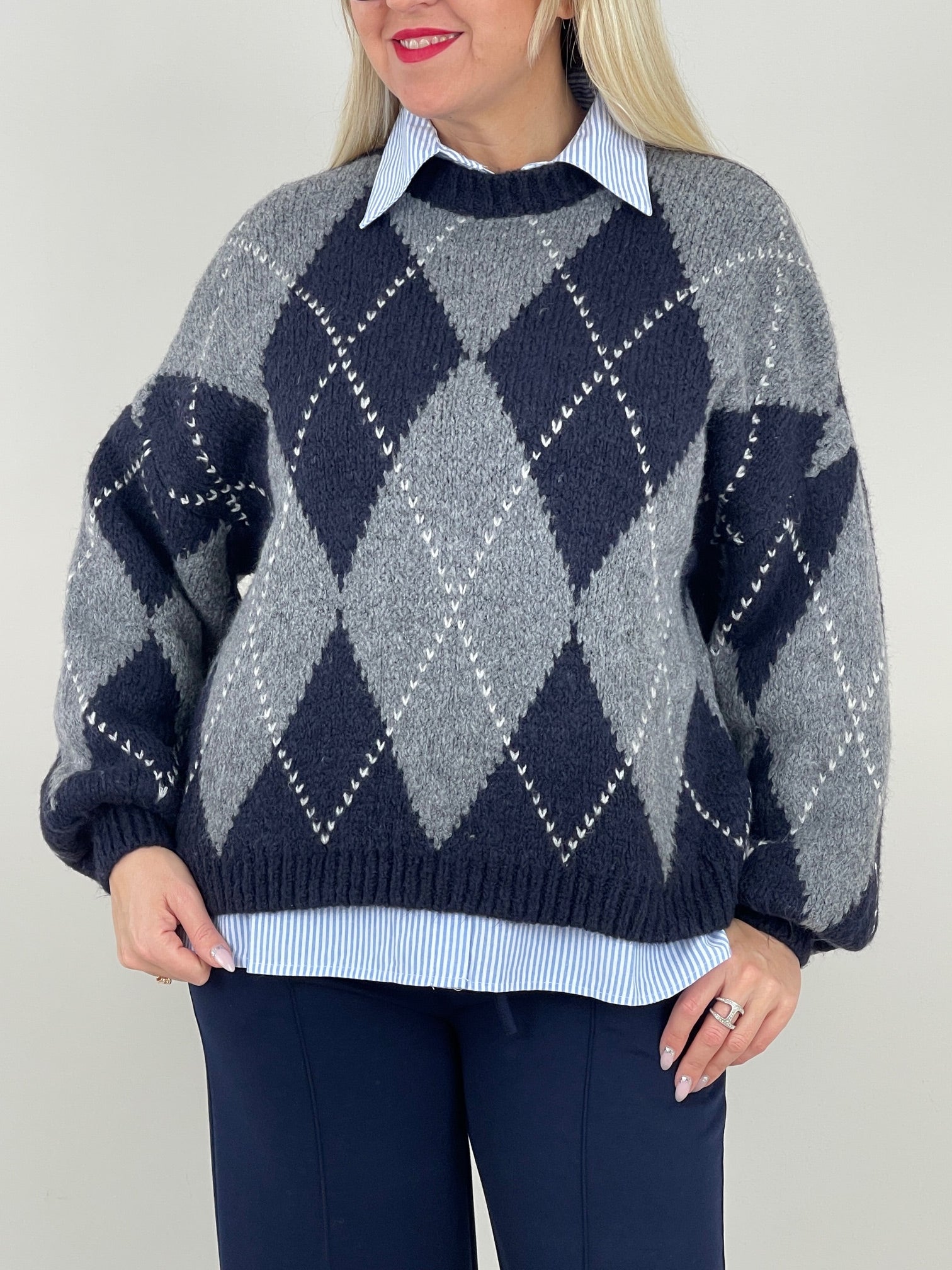 Pullover Rauten Muster in Marine/Grau Art. 6578