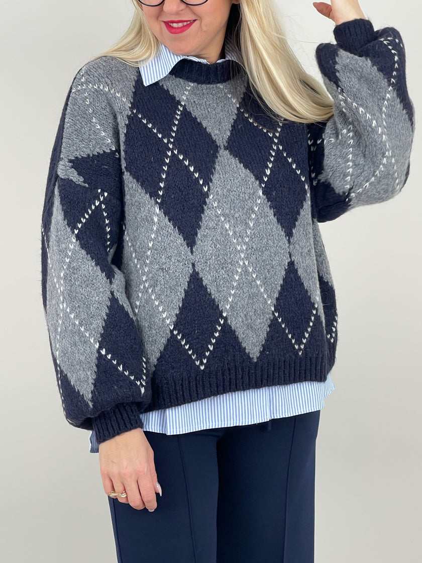 Pullover Rauten Muster in Marine/Grau Art. 6578