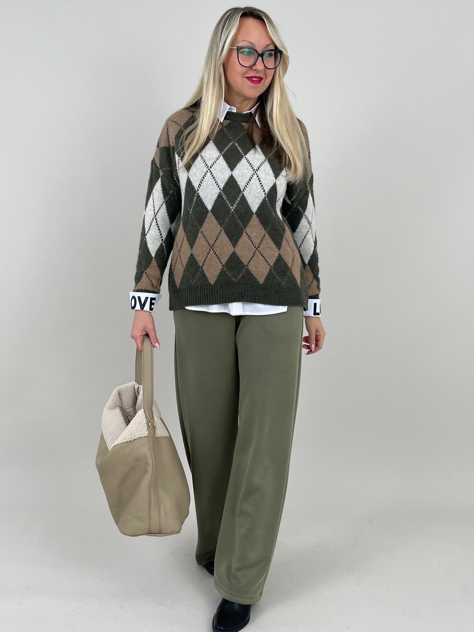 Pullover Rauten Muster in Khaki/Taupe Art. 6580