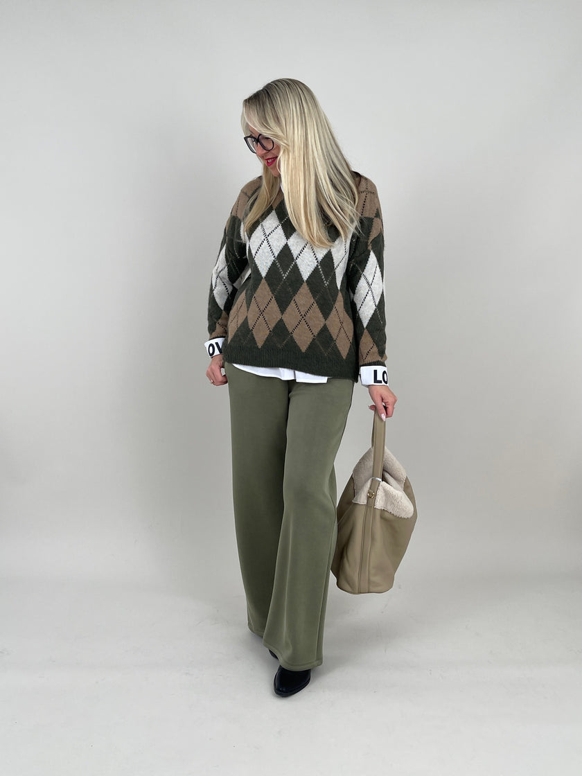 Pullover Rauten Muster in Khaki/Taupe Art. 6580