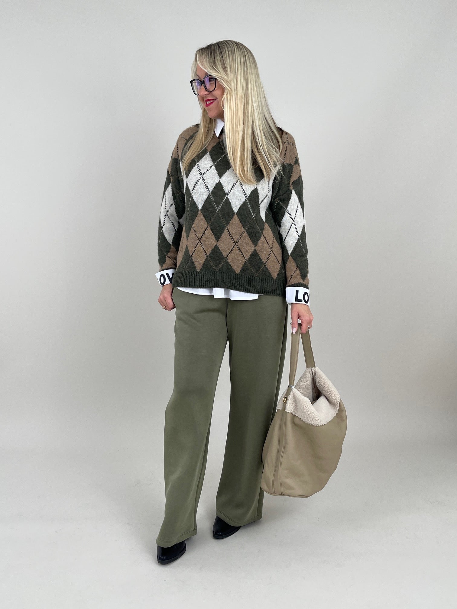 Pullover Rauten Muster in Khaki/Taupe Art. 6580