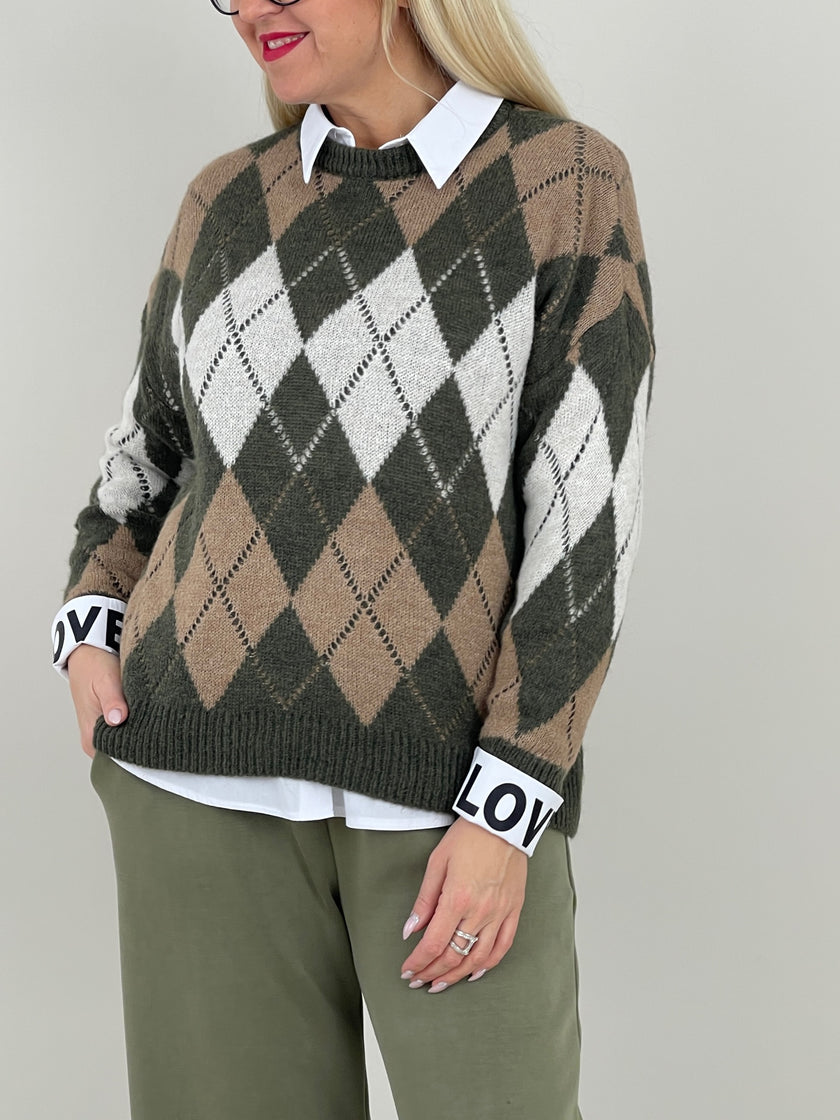 Pullover Rauten Muster in Khaki/Taupe Art. 6580
