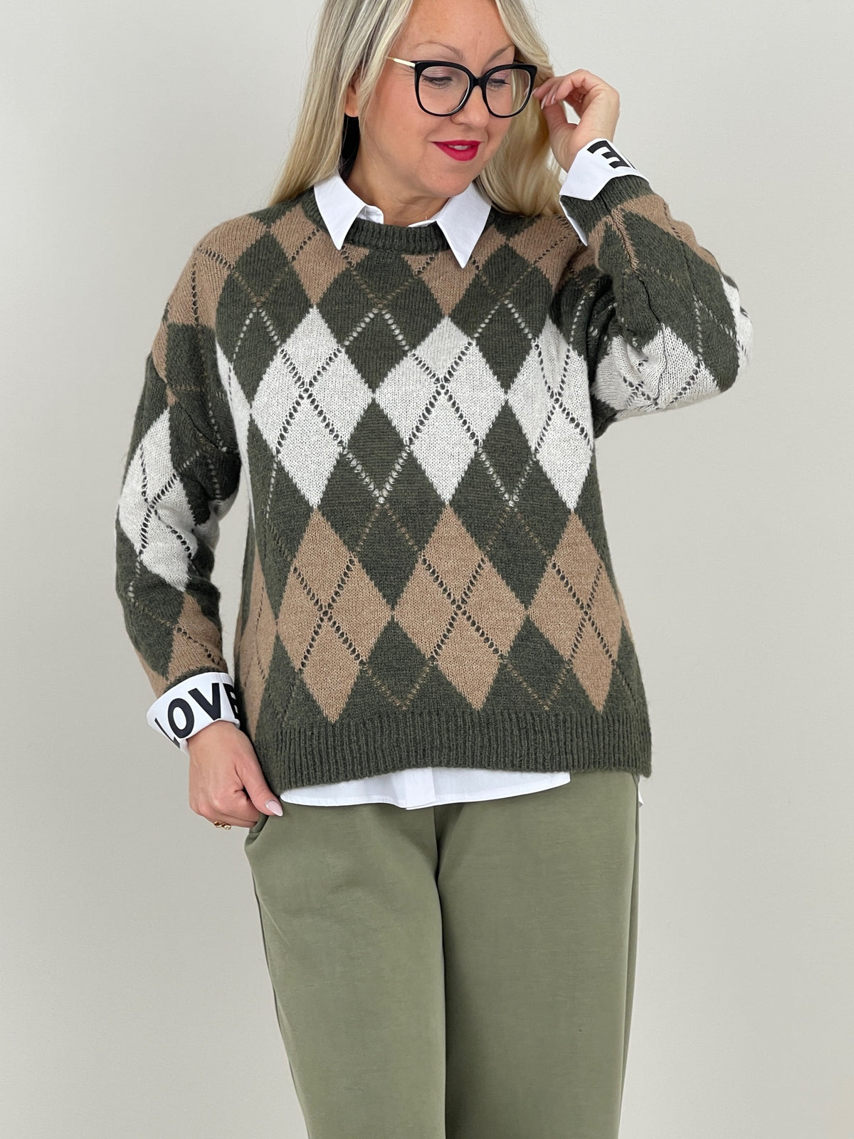 Pullover Rauten Muster in Khaki/Taupe Art. 6580
