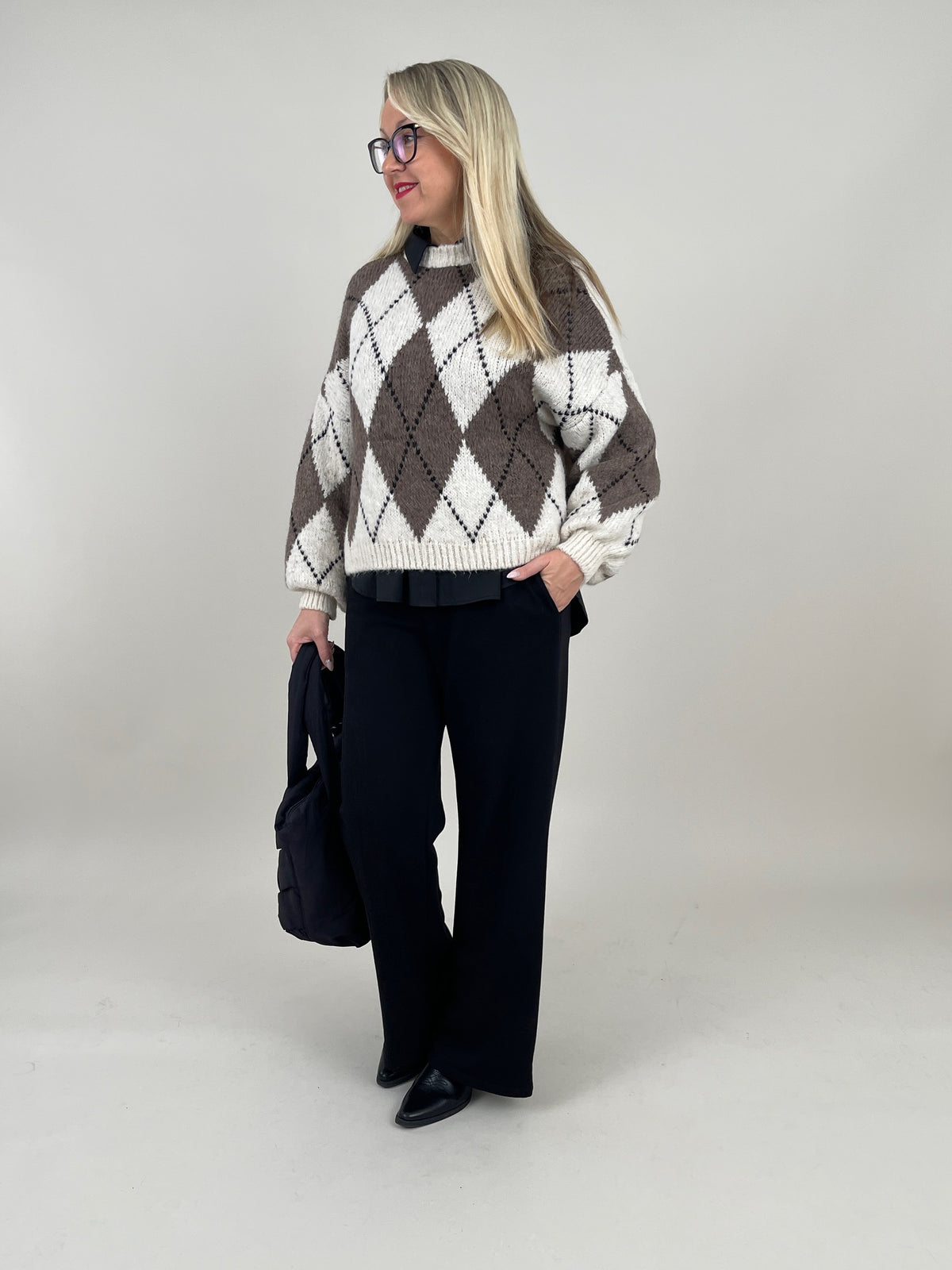 Pullover Rauten Muster in Creme/Taupe
