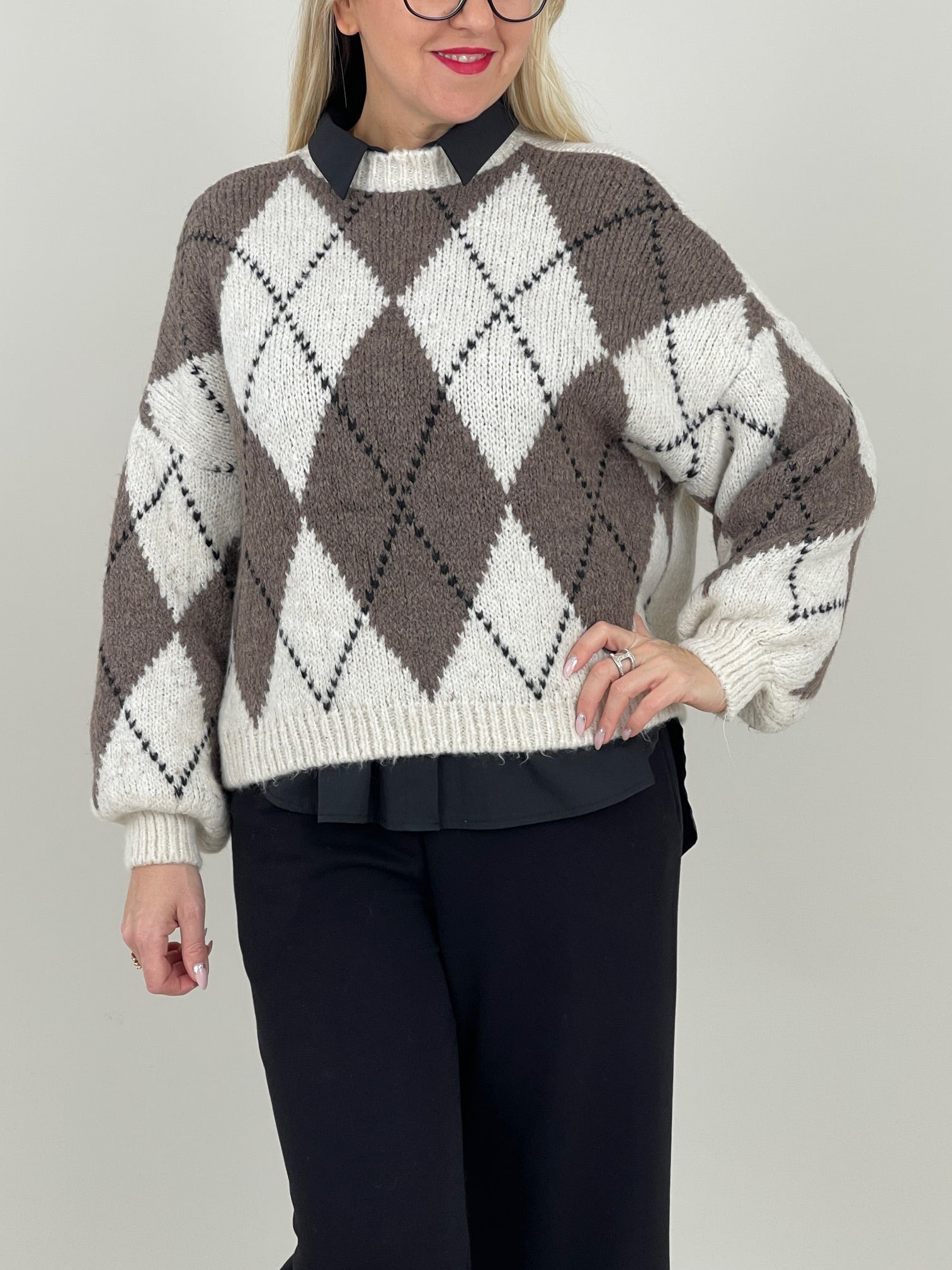 Pullover Rauten Muster in Creme/Taupe Art. 6577