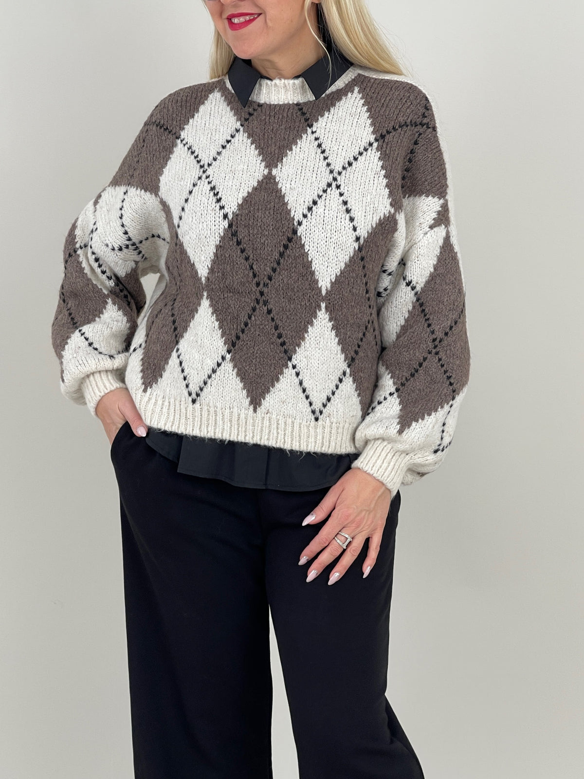 Pullover Rauten Muster in Creme/Taupe