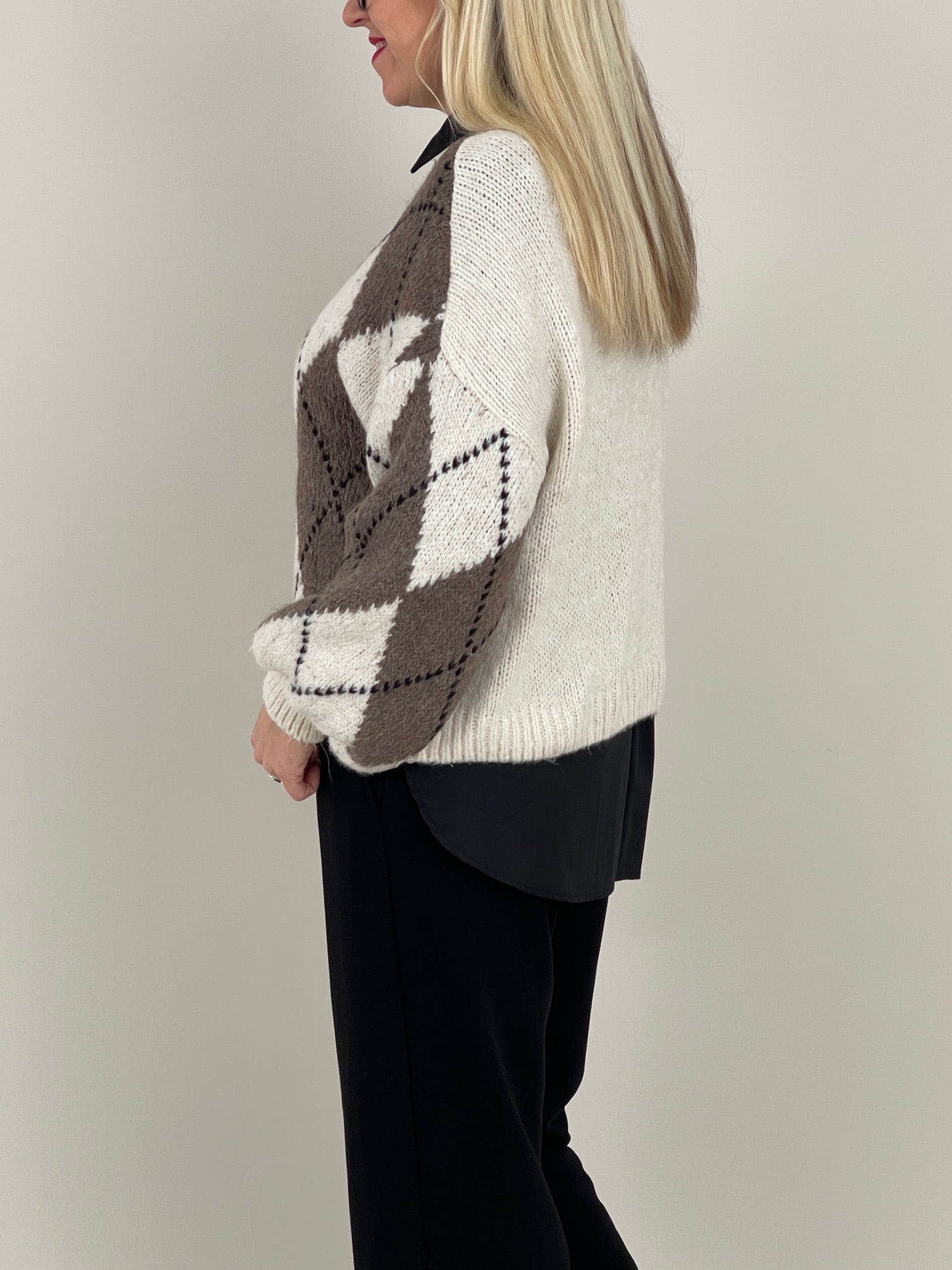 Pullover Rauten Muster in Creme/Taupe Art. 6577