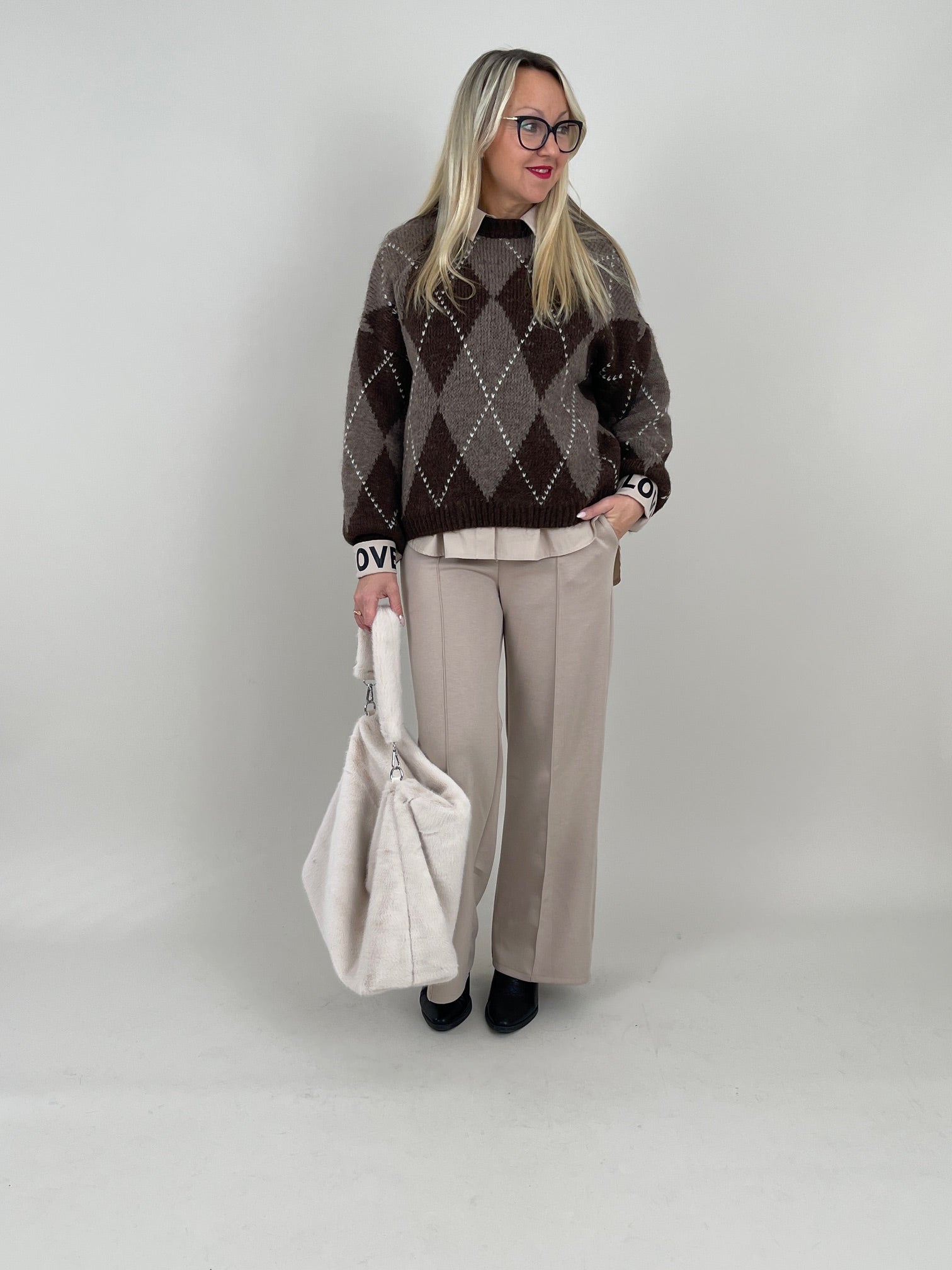 Pullover Rauten Muster in Mokka/Taupe Art. 6579