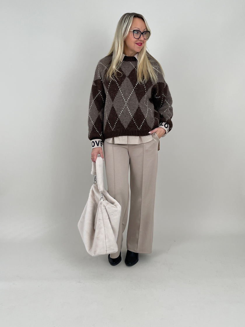 Pullover Rauten Muster in Mokka/Taupe Art. 6579