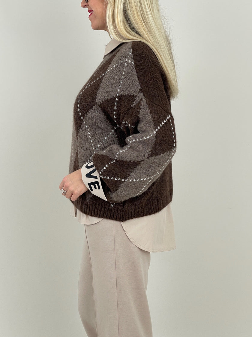 Pullover Rauten Muster in Mokka/Taupe Art. 6579