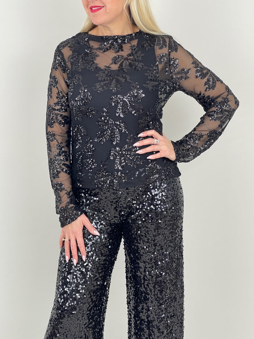 Langarmshirt aus Mesh mit Pailletten in Schwarz Art. 6588