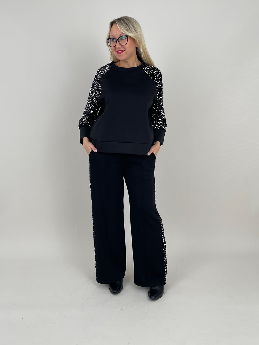 2-Teiler Oberteil&Hose Pailletten-Details in Schwarz Art. 6589