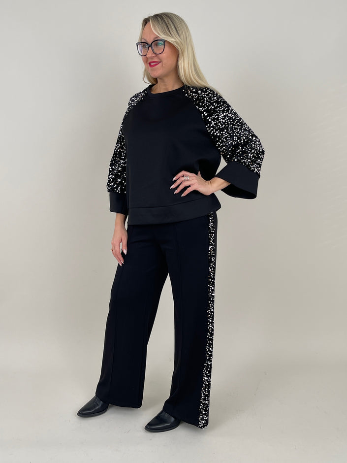 2-Teiler Oberteil&Hose Pailletten-Details in Schwarz Art. 6589