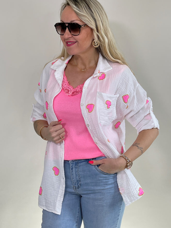 Musselin Bluse mit Herzen in Weiß/Candypink Artikel 5808
