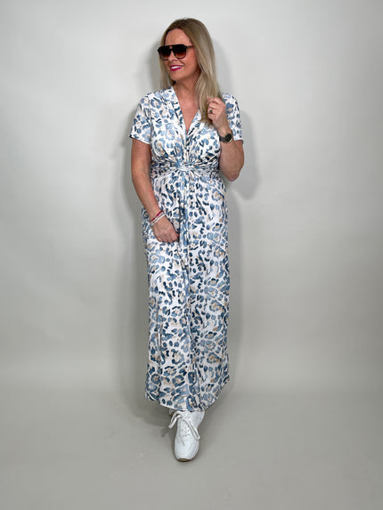 Kleid Kurzarm Kofferstoff Leo in Hellblau/Beige 5832