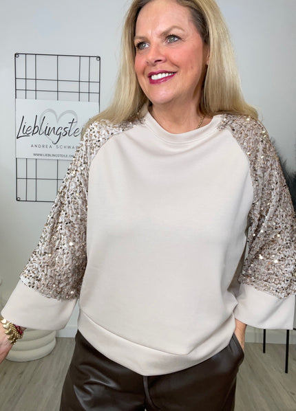 Pullover mit Pailletten-Samt Ärmeln in Beige Art. 6621