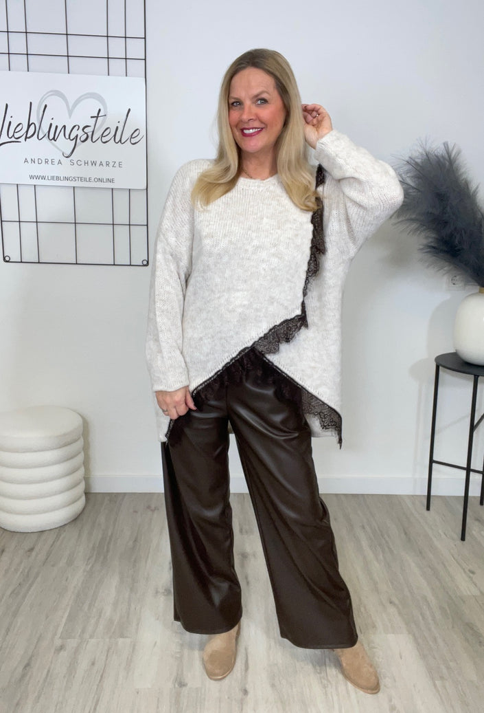 Strickpullover mit Details aus Spitze in Beige Art. 6605