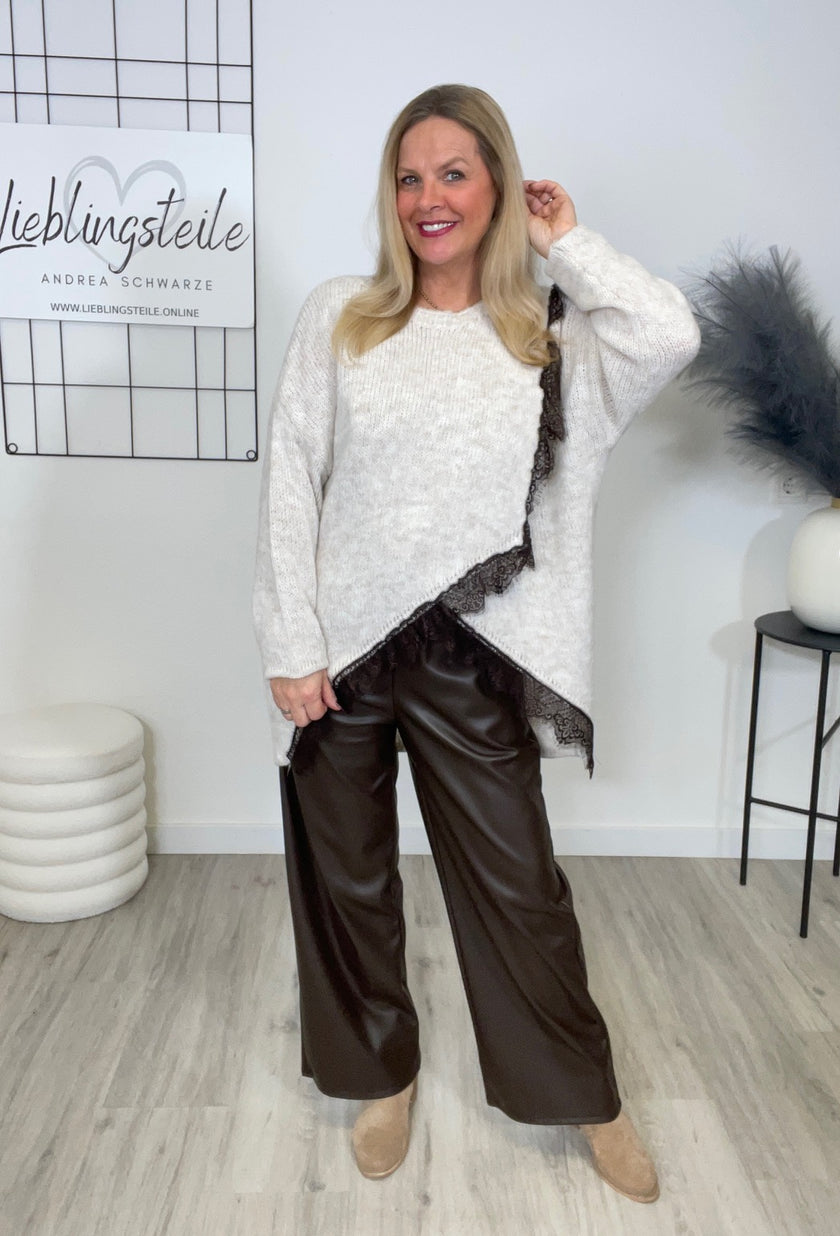 Strickpullover mit Details aus Spitze in Beige Art. 6605