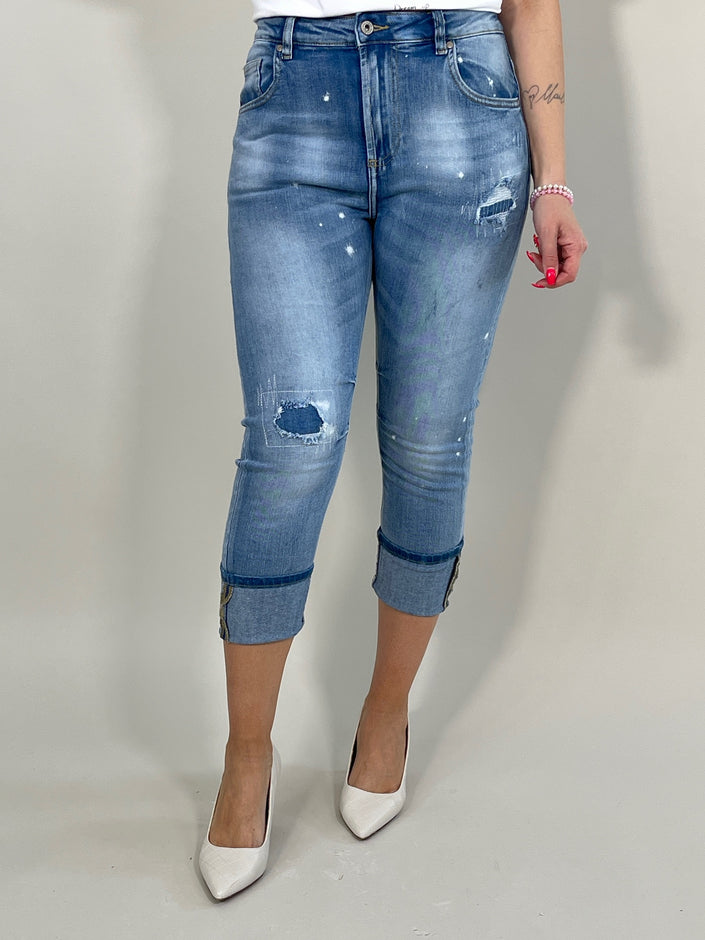 Jeans 7/8 mit Umschlag Destroyed in Blau