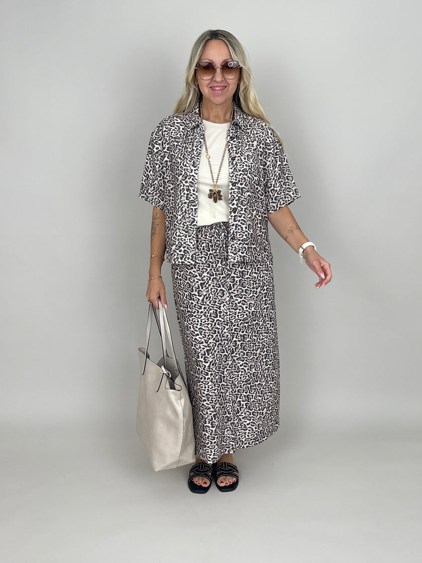 Bluse Kurzarm Leinen Leo-Muster