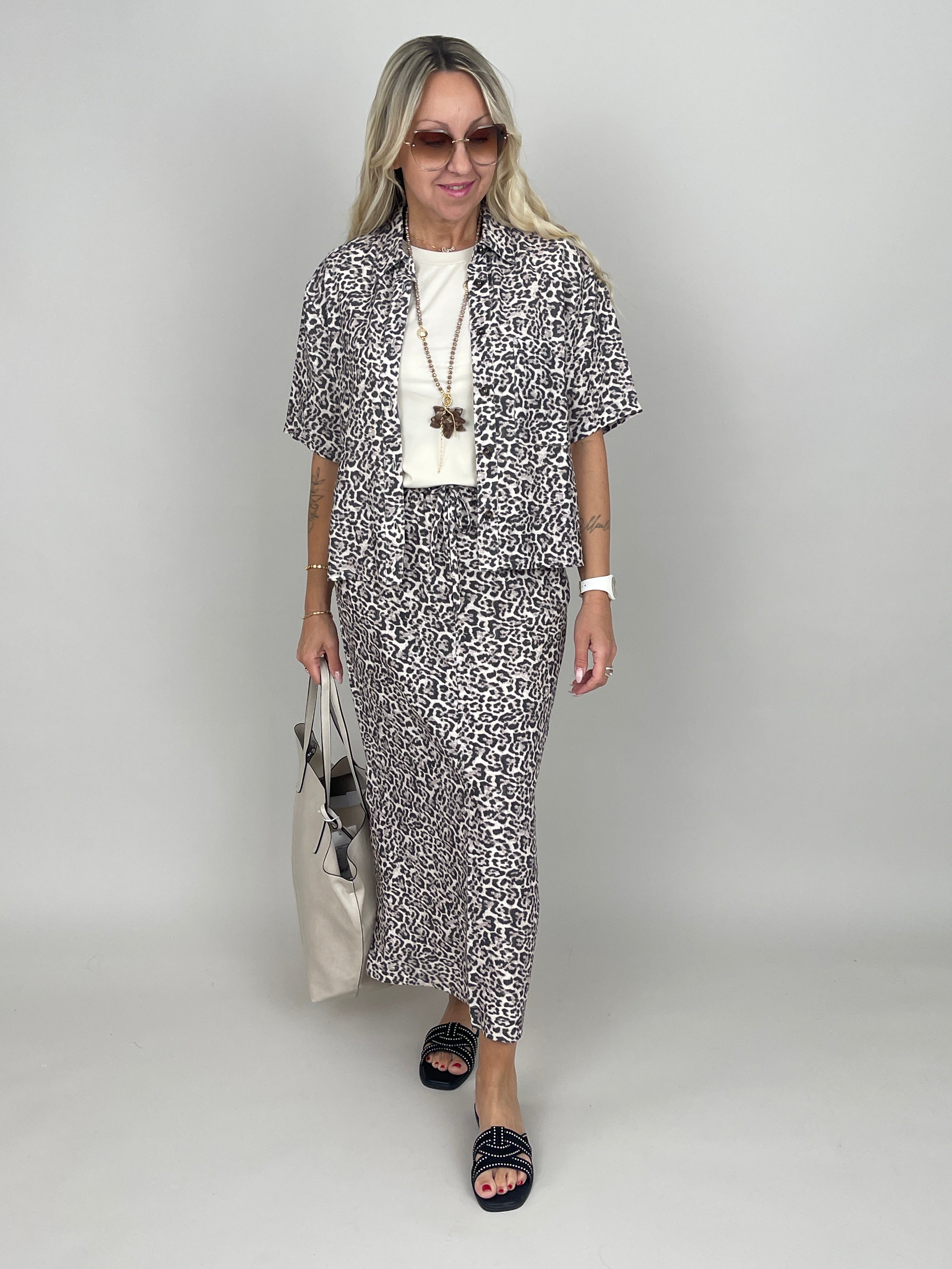 Bluse Kurzarm Leinen Leo-Muster