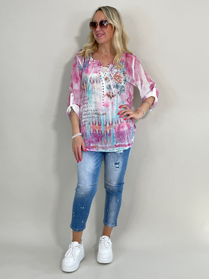 Bluse mit Aufdruck und Steinchen in Pink/ Weiß Artikel 5853