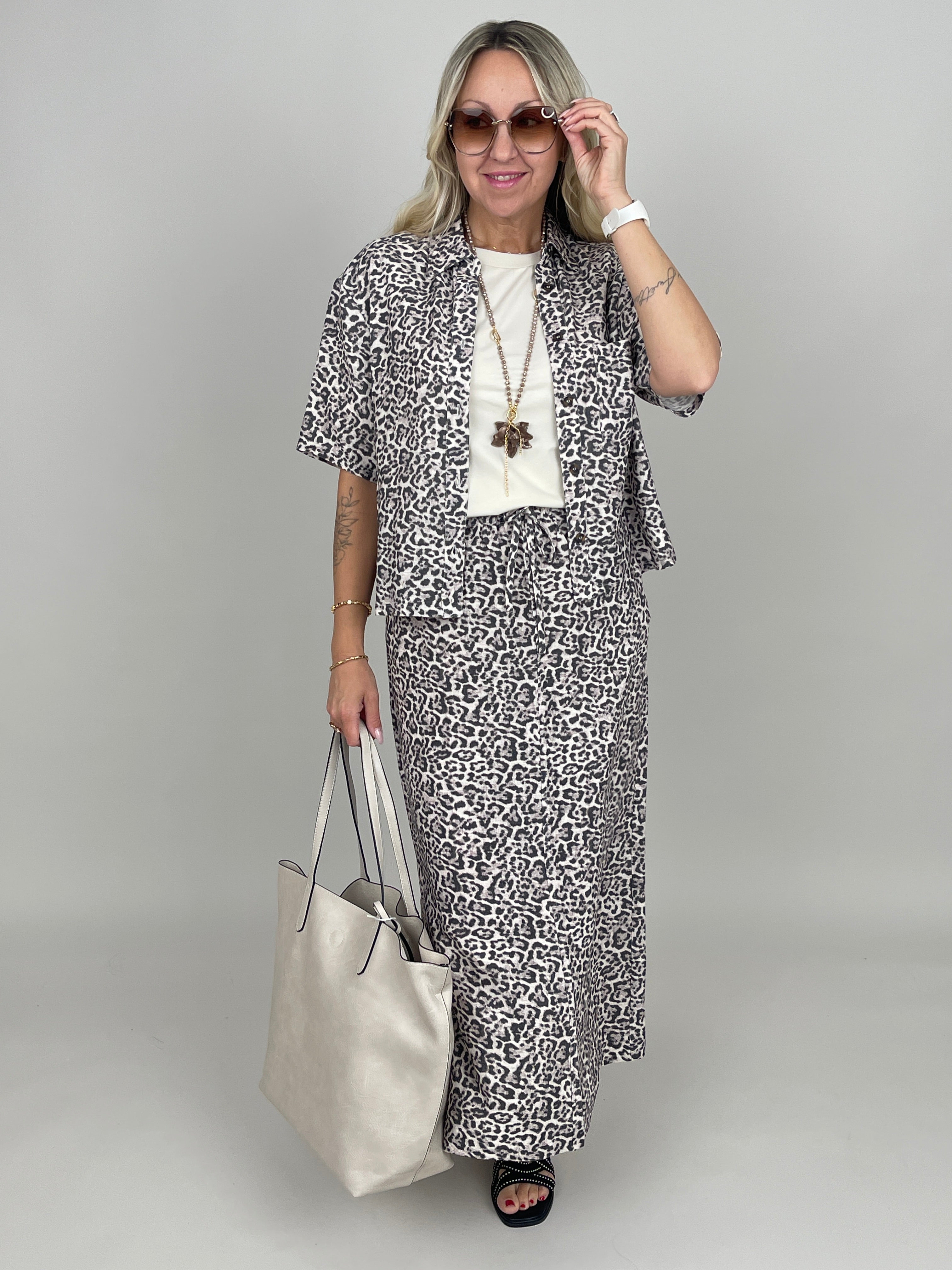 Bluse Kurzarm Leinen Leo-Muster