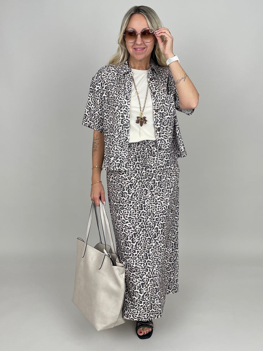 Bluse Kurzarm Leinen Leo-Muster
