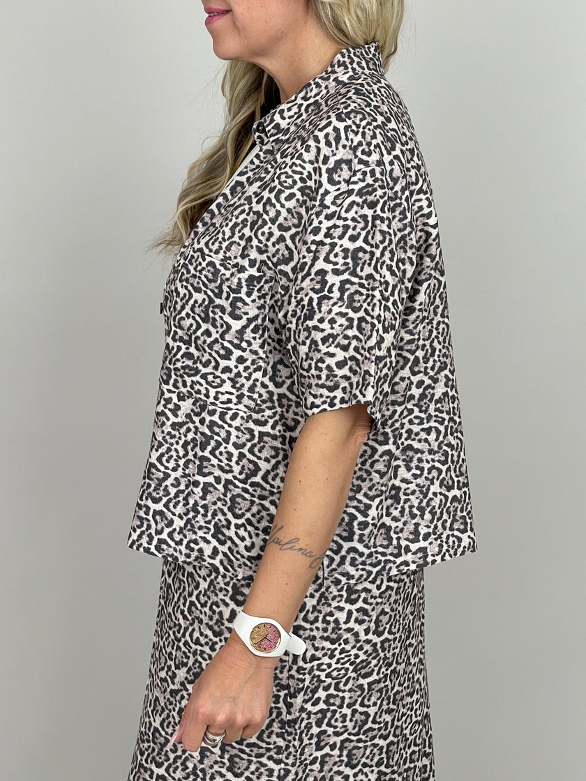 Bluse Kurzarm Leinen Leo-Muster