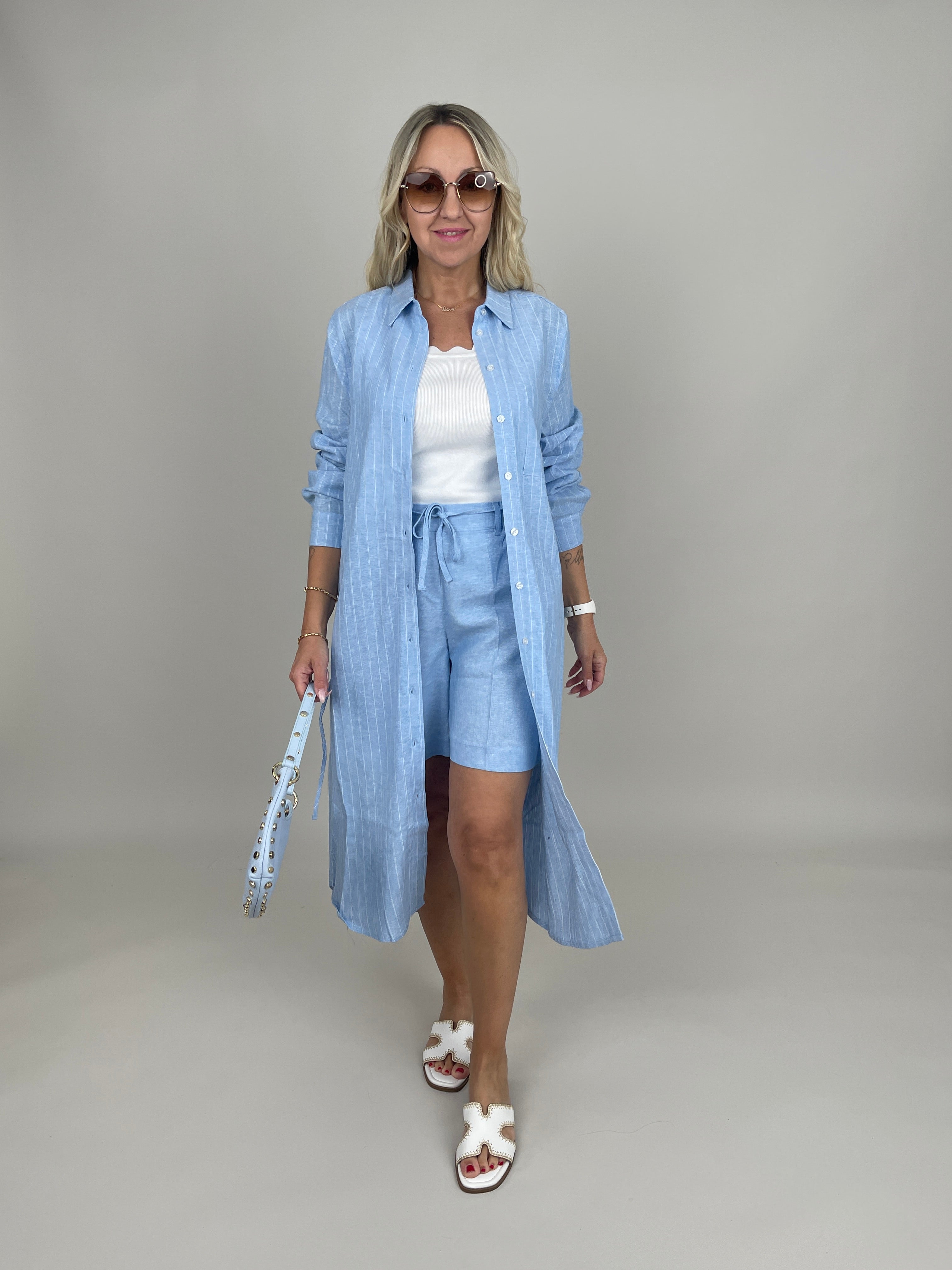 Blusenkleid Leinen Streifen in Hellblau