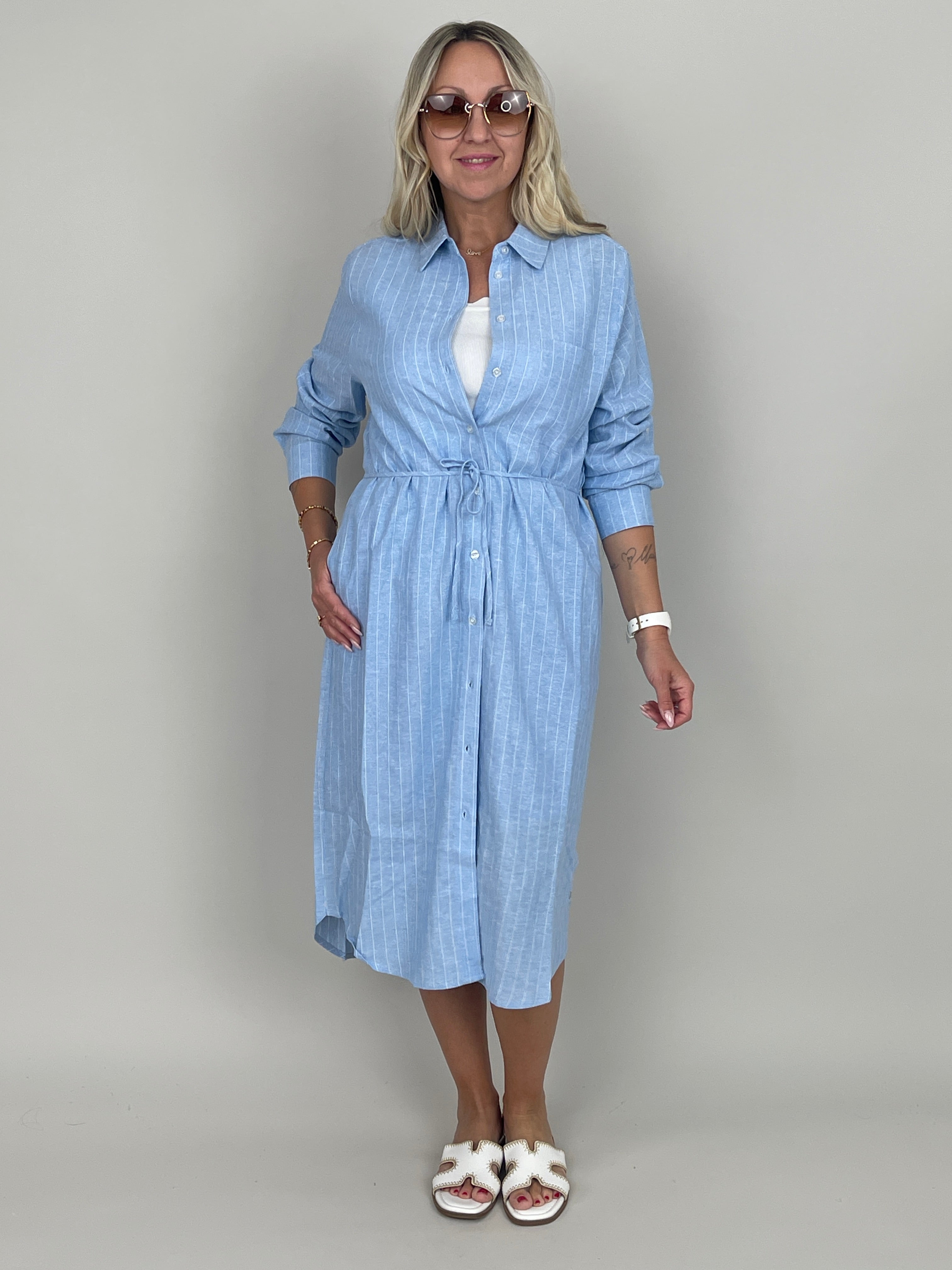 Blusenkleid Leinen Streifen in Hellblau