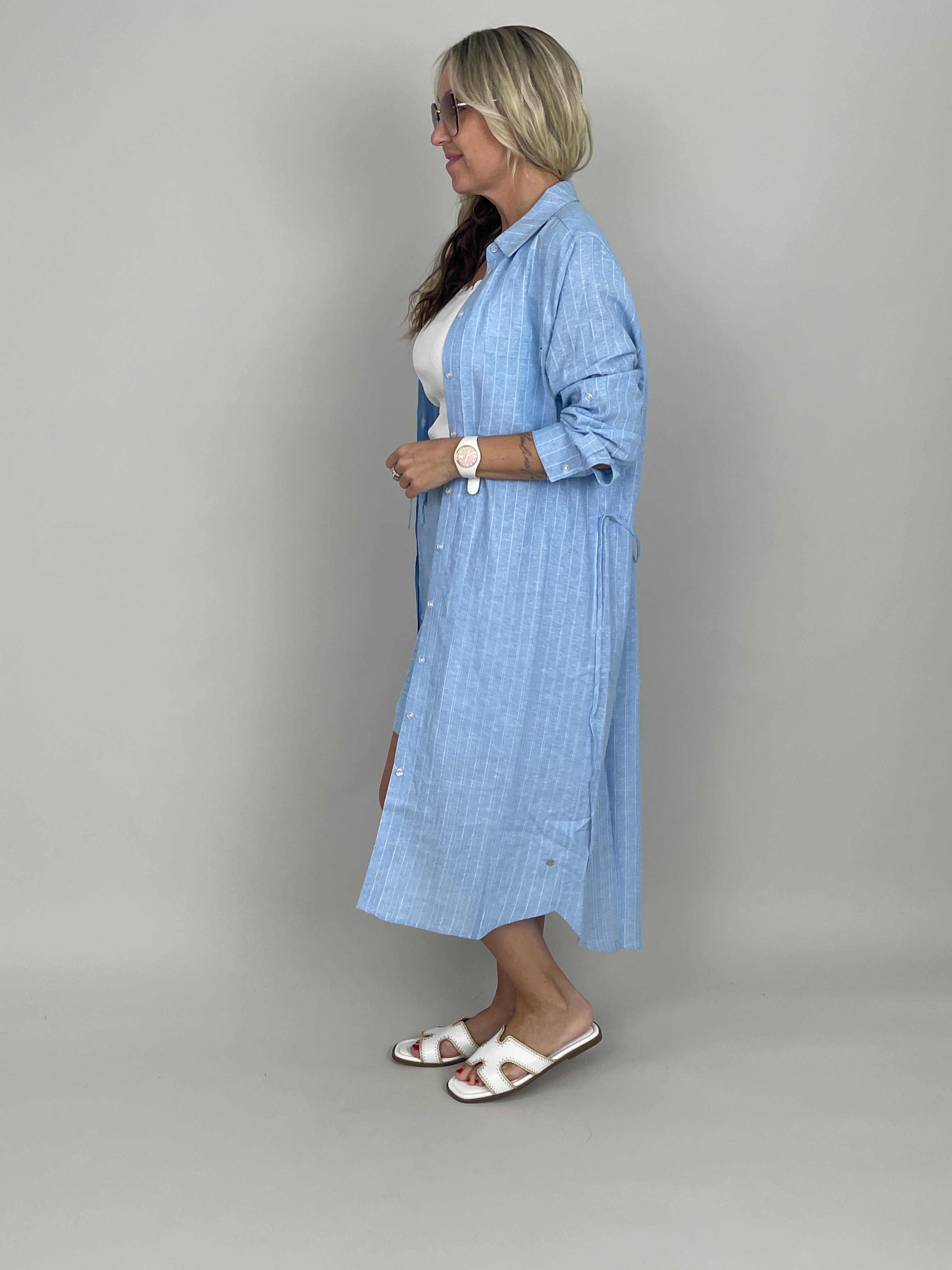 Blusenkleid Leinen Streifen in Hellblau