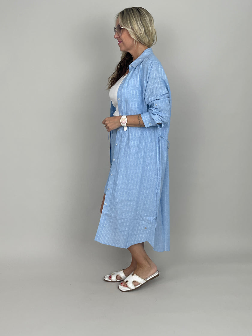Blusenkleid Leinen Streifen in Hellblau