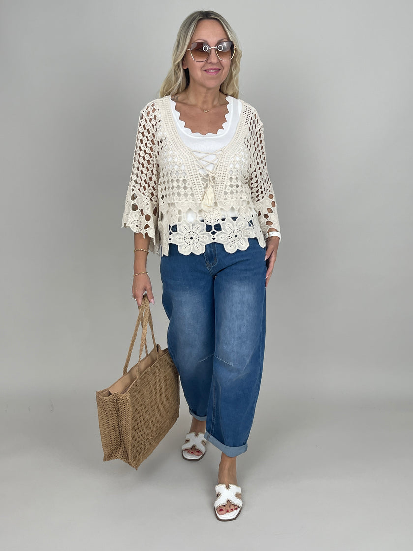Pullover Häkel-Style mit Schnürung in Beige