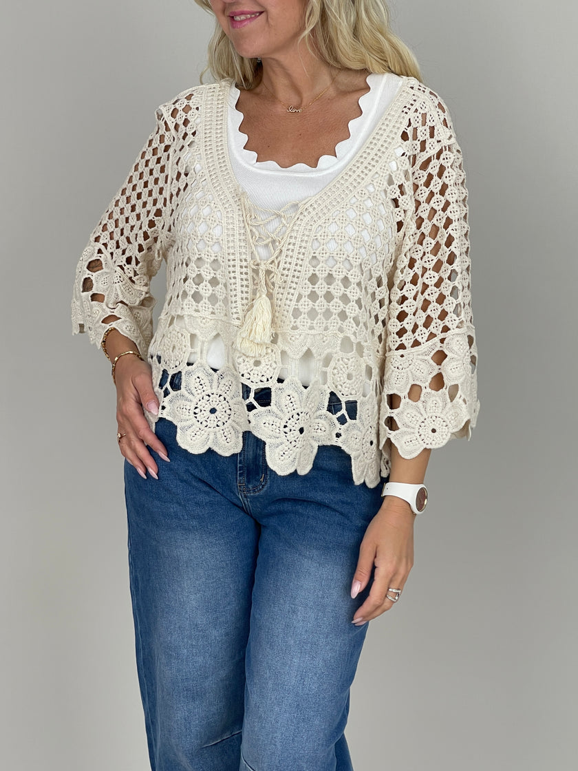 Pullover Häkel-Style mit Schnürung in Beige