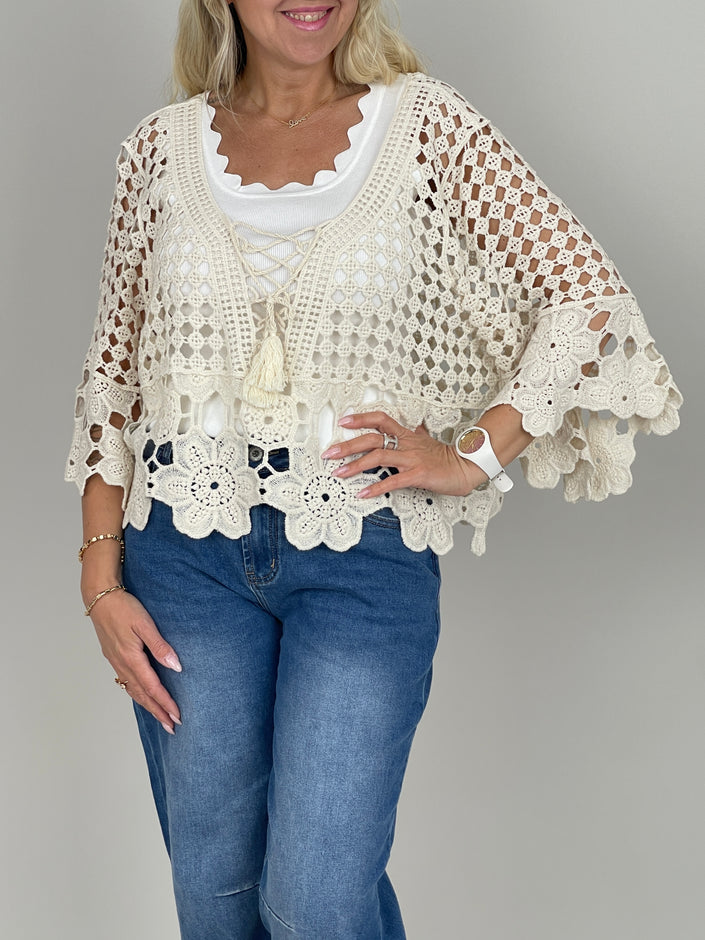 Pullover Häkel-Style mit Schnürung in Beige