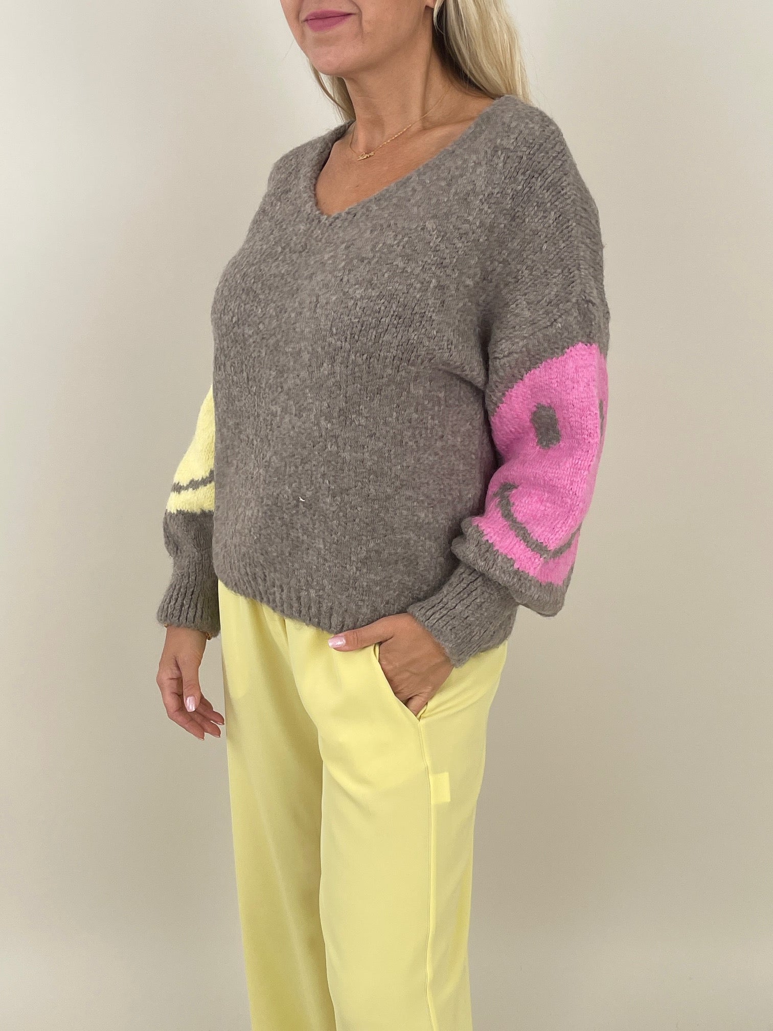 Pullover Grobstrick Smiley in Taupe Artikel 6246