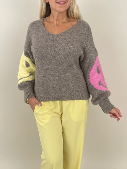 Pullover Grobstrick Smiley in Taupe Artikel 6246