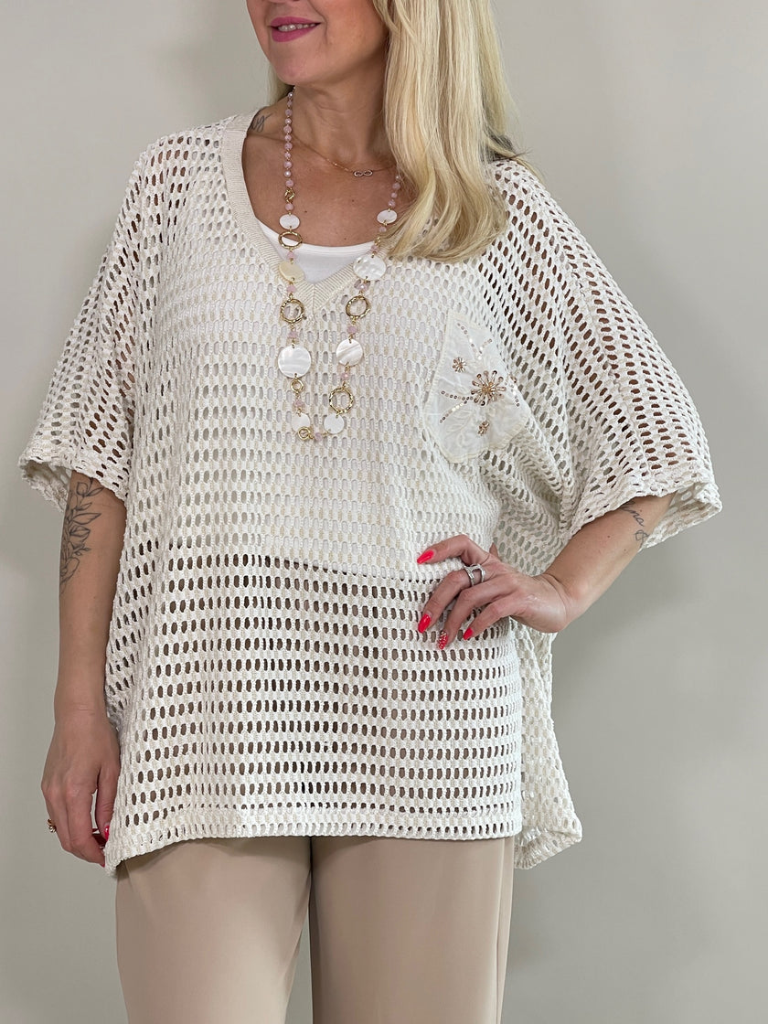 Pullover Lochmuster mit Brusttasche versch. Farben