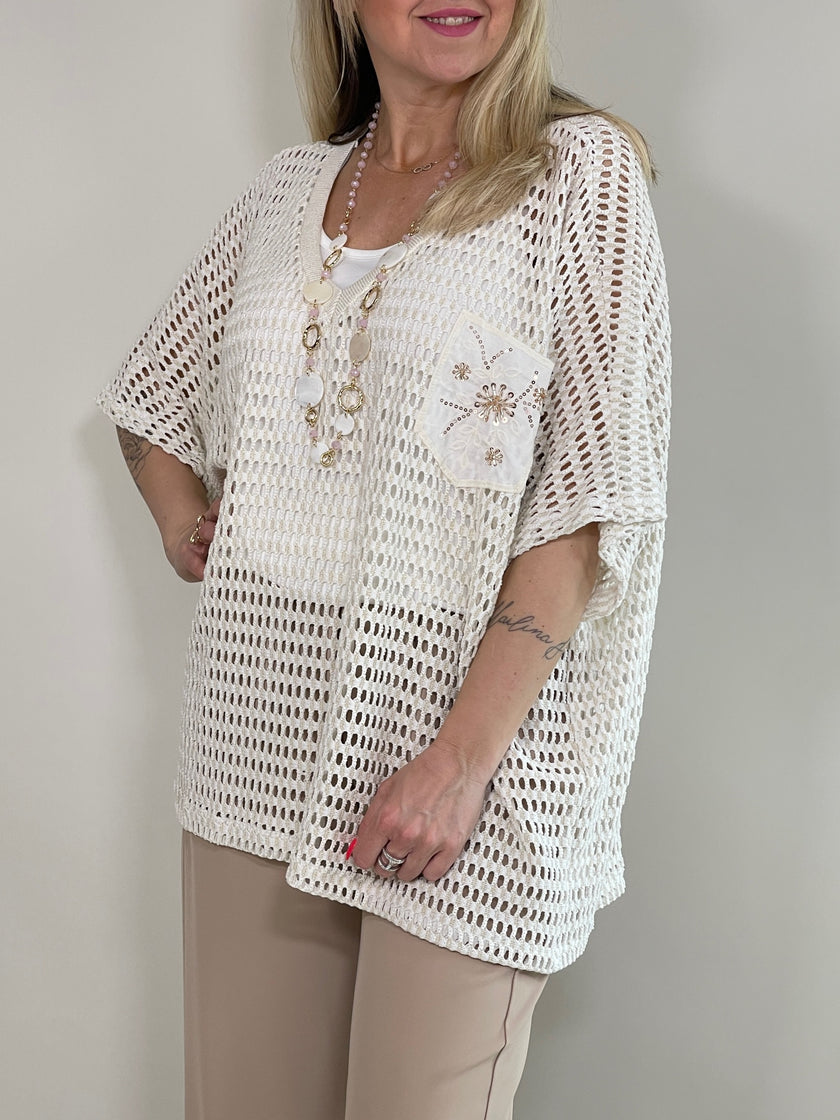 Pullover Lochmuster mit Brusttasche versch. Farben