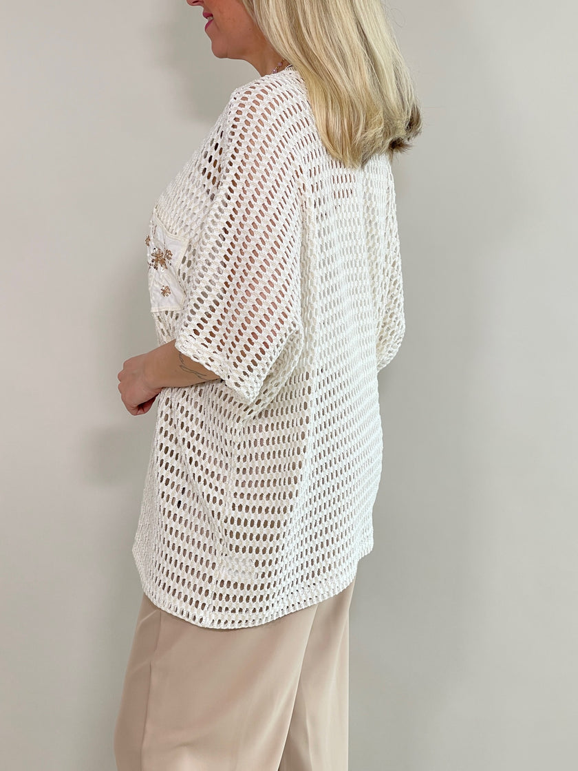 Pullover Lochmuster mit Brusttasche versch. Farben