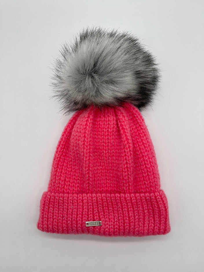 Mütze Grobstrick mit Bommel in Pink Artikel 5320