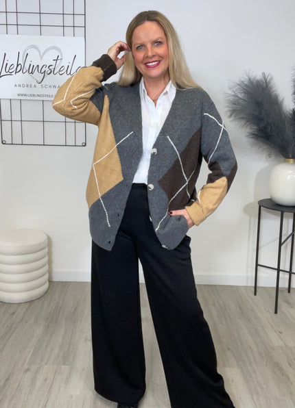 Cardigan Rauten Muster in Grau/Camel/Mokka Art. 6614