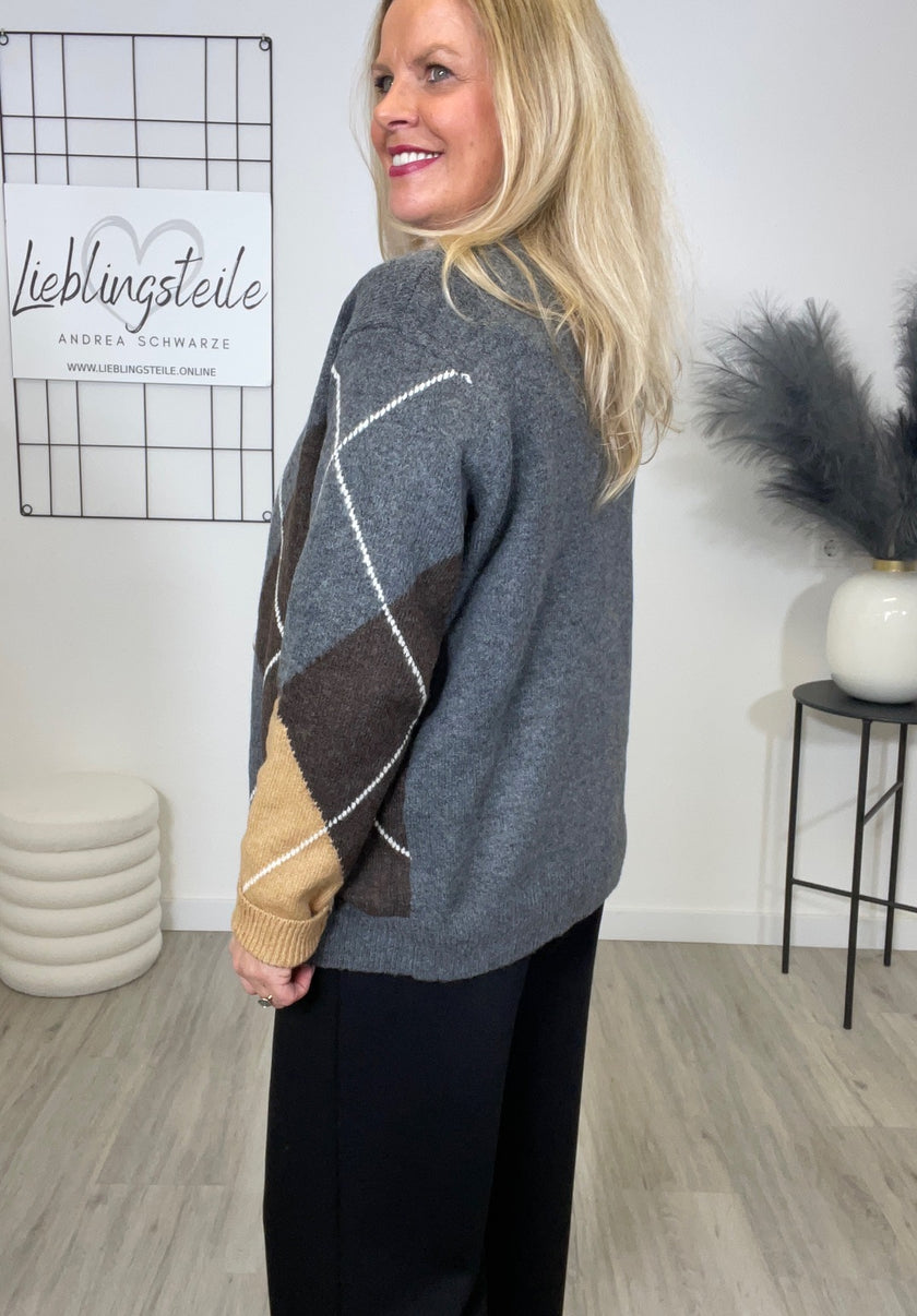 Cardigan Rauten Muster in Grau/Camel/Mokka Art. 6614