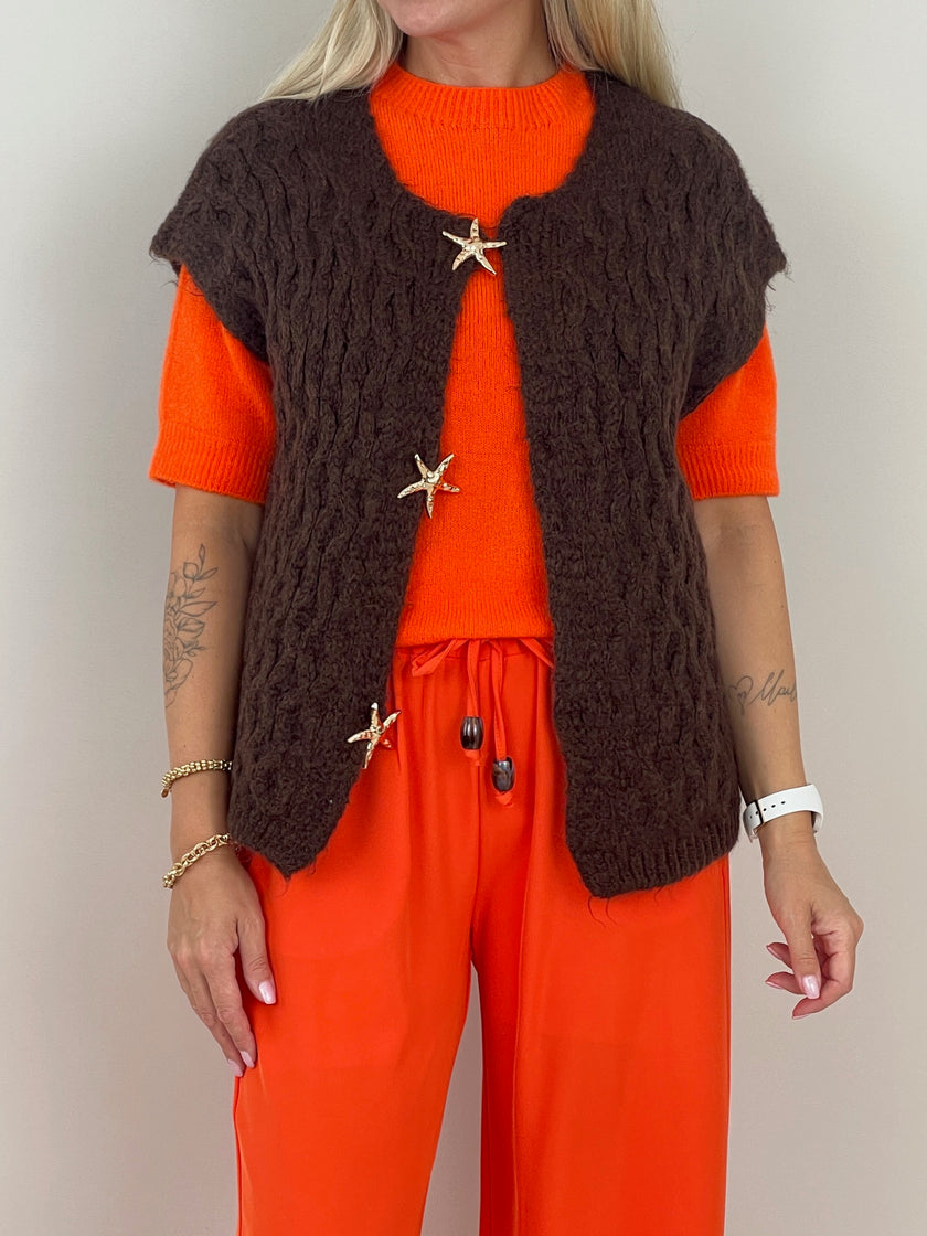 Strickweste mit goldfarbenen Broschen in Mokka Artikel 6255