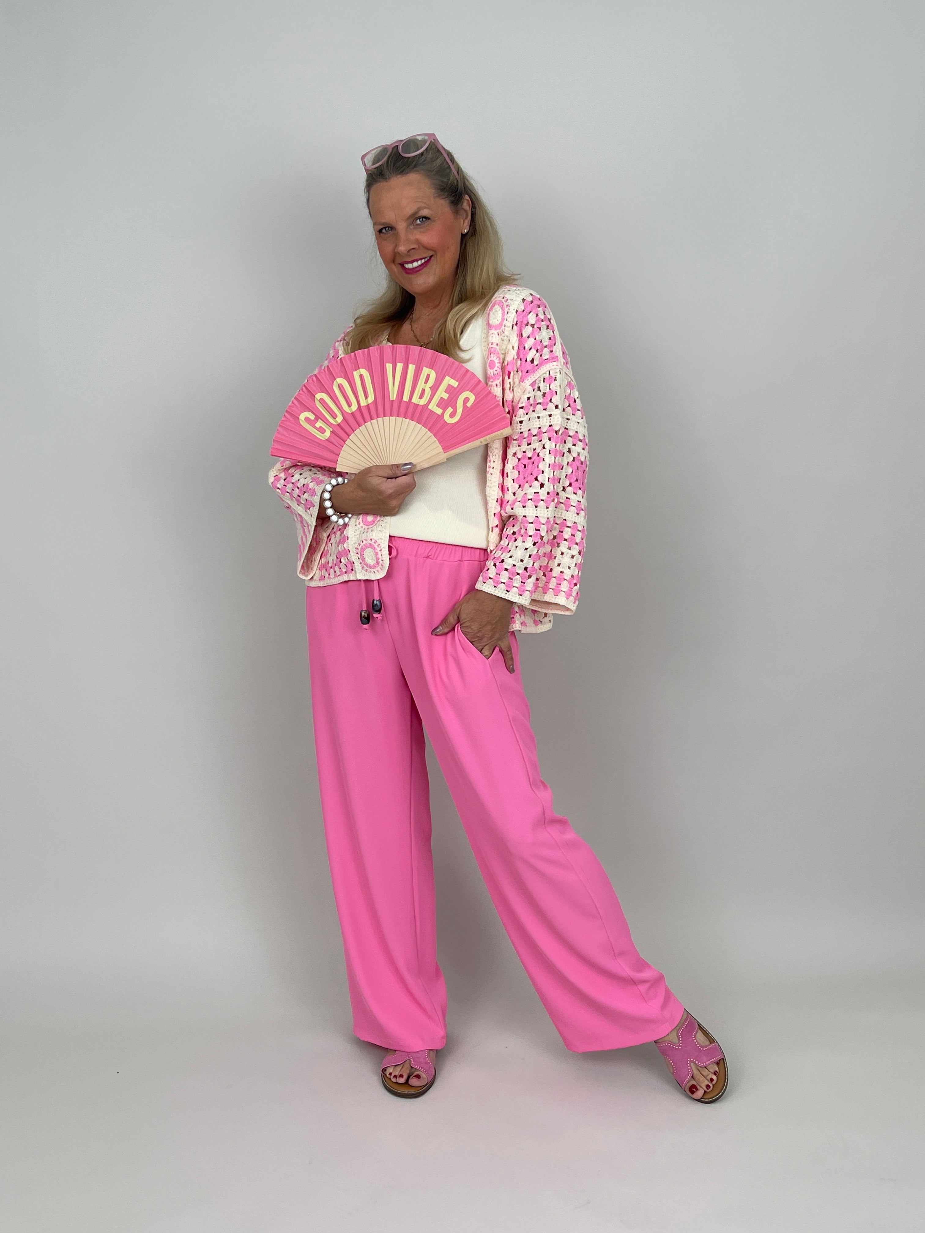 Boho Häkelcardigan in Creme/Pink