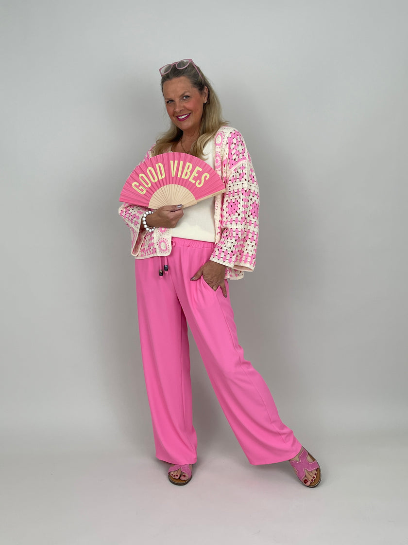 Boho Häkelcardigan in Creme/Pink